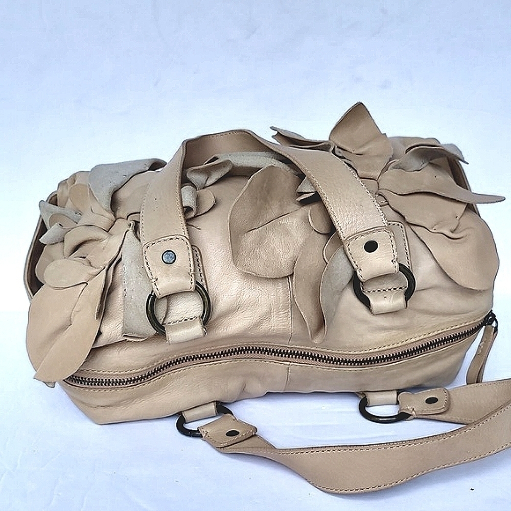 HINGE Floral Tan Suede Leather Shoulder Satchel Bag - Picture 4 of 9